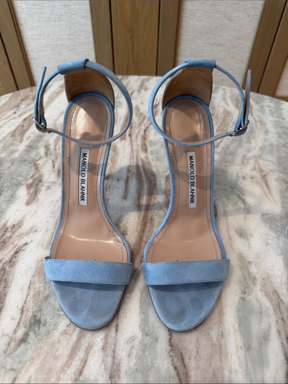 Manolo Blahnik Powder Blue Suede Ankle-Strap Heels